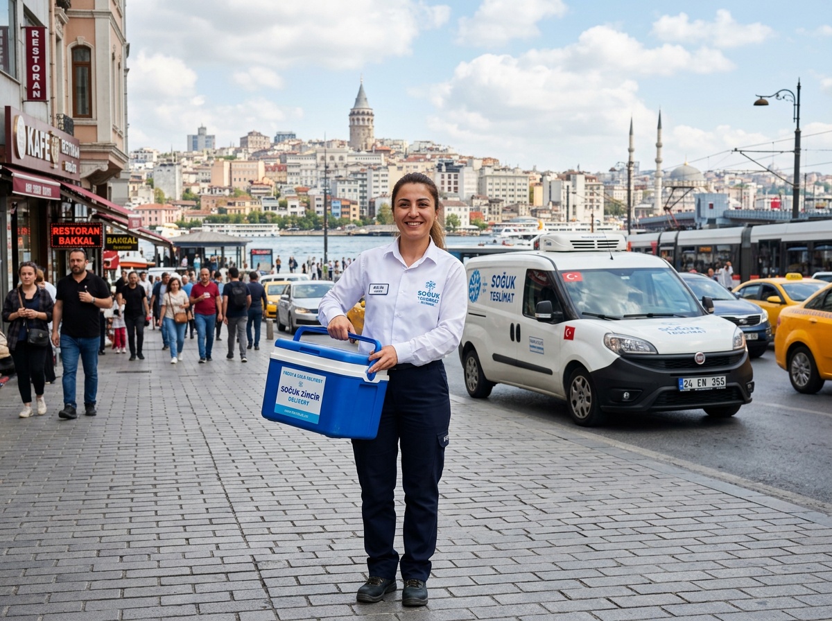 FreshFreeze delivery courier with insulated cold box on Istanbul street
