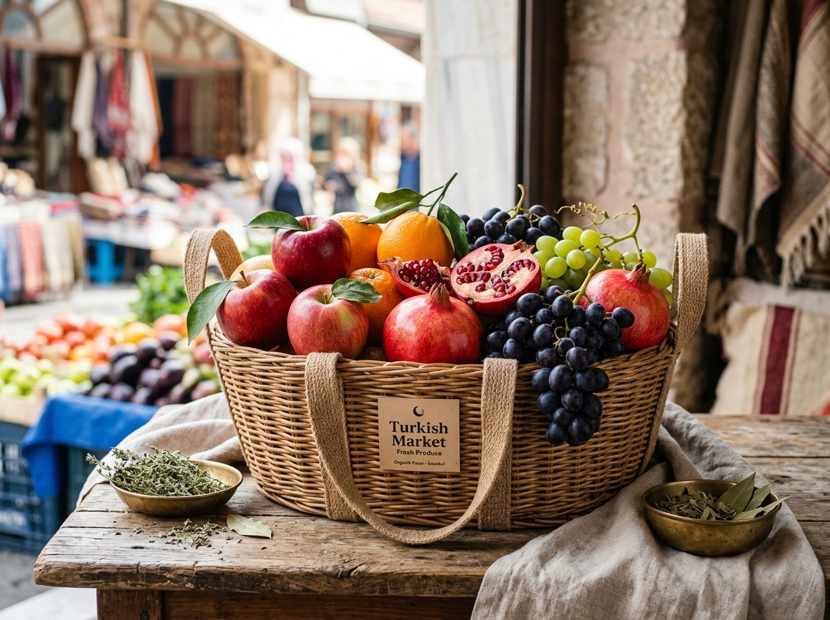Fresh fruit basket with apples oranges pomegranates