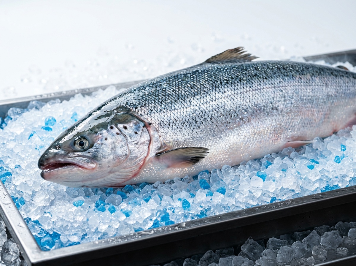 Fresh Atlantic salmon whole fish on ice
