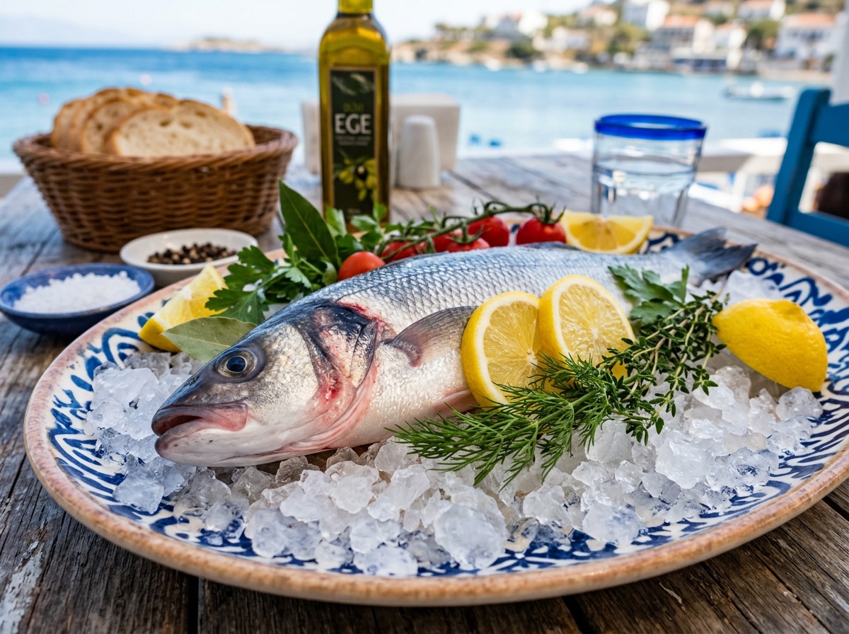 Fresh Mediterranean sea bass on ice