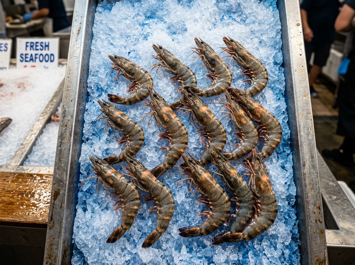 Tiger shrimp prawns on crushed ice